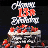A birthday greeting card image. It features a chocolate cake with berries and the text 'Happy 13th Birthday. Enjoy your special day!'