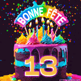 GIF animé pour un 13e anniversaire avec un gâteau au chocolat recouvert de glaçage arc-en-ciel, des bougies allumées, et le texte 'Bonne Fête' sur un fond étoilé et festif.