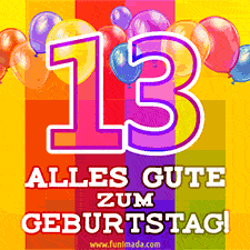 Große Zahl 35 in Umrissschrift, die Worte 'Alles Gute zum 13. Geburtstag', mehrfarbige animierte Ballons und lebendiger Hintergrund.
