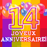 GIF animé 14 ans avec des ballons colorés, un grand chiffre 14 et 'Joyeux Anniversaire!' sur un fond éclatant.