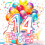 Animazione con palloncini colorati e scintillanti, accompagnata dal numero 14 in caratteri grandi e luminosi, e la scritta 'Tanti Auguri!' in stile vivace.