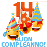 Due boccali di birra sorridenti animati, con il numero 14 e la scritta 'Buon Compleanno!' in caratteri allegri su uno sfondo bianco.