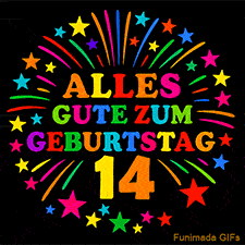 Animiertes GIF 'Alles Gute zum Geburtstag 14 mit bunten Buchstaben und leuchtenden Sternen