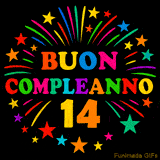GIF animata 'Buon Compleanno 14' con lettere colorate e fuochi d'artificio