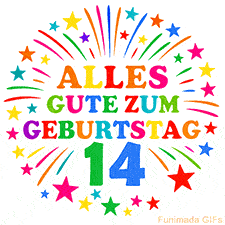 Bunte 'Alles Gute zum Geburtstag' Animation für den 14. Geburtstag mit Sternen und bunten Farben