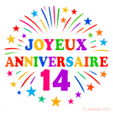 GIF animé joyeux anniversaire 14 ans avec étoiles multicolores et feu d’artifice