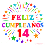 Imagen animada para felicitar los 14 años con letras de colores y diseño festivo.