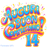 GIF animata con la scritta 'Auguri di Buon Compleanno 14' in colori vivaci e stile artistico festoso.