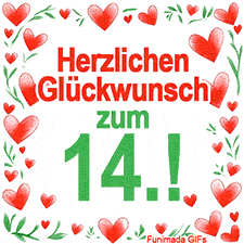 Animierte Grafik mit dem Spruch „Herzlichen Glückwunsch zum 14.!“. Der Text ist von einem funkelnden Rahmen aus roten Herzen und grünen Blättern auf weißem Hintergrund umgeben.