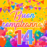 Un GIF animato per un 14° compleanno, Presenta il testo 'Buon Compleanno 14' su uno sfondo giallo vivo con palloncini colorati, festoni e una pioggia di coriandoli.