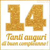 GIF animata per un 14° compleanno, Mostra il numero 14 in grandi caratteri dorati pieni di glitter scintillante, Sotto, la scritta 'Tanti auguri di buon compleanno!' in un elegante oro.
