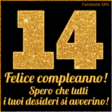 Un GIF animato per un 14° compleanno, Presenta il testo 'Buon Compleanno 14' su uno sfondo giallo vivo con palloncini colorati, festoni e una pioggia di coriandoli.
