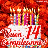 GIF animata per un 14° compleanno, Mostra una torta bianca con candeline colorate accese e coriandoli, di fronte a un muro di rose rosse, Il testo dice 'Buon 14 compleanno!'.