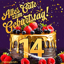 Eine köstlich aussehende animierte Geburtstagskarte für den 14. Geburtstag, dekoriert mit Erdbeeren, Blaubeeren und goldenen Details, Sterne funkeln und fallen, mit 'Alles Gute zum Geburtstag!'-Text.