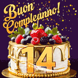 Un GIF animato di una bellissima torta per il 14° compleanno con glassa dorata e frutti di bosco freschi, Il numero dorato 14 è davanti, e stelle cadono su uno sfondo viola scuro.