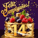 Una animación de celebración de una tarta para el 14º cumpleaños, Estrellas doradas caen del cielo, destacando el texto '¡Feliz Cumpleaños!' y el número dorado 14 en la tarta.