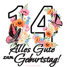 Ein florales GIF zum 14. Geburtstag. Die Zahl '14' ist von animierten Blumen und Schmetterlingen umgeben und bietet eine schöne und fröhliche Art, den Meilenstein zu feiern.