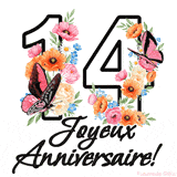 Ce GIF de Joyeux 14ème Anniversaire présente le nombre vingt rempli d'un bouquet vibrant de fleurs animées, avec des papillons qui bougent doucement sur un fond blanc.