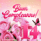 Buon compleanno 14 anni in versione GIF: rose rosa fresche, una farfalla che muove le ali e un'atmosfera di festa creata da glitter animati.