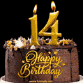 14 Birthday Chocolate Cake with Gold Glitter Number 14 Candles (GIF)