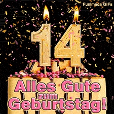 Eine festliche Torte mit der brennenden goldenen 14. Glitzerndes Konfetti regnet herab auf dunklem Hintergrund. Der Schriftzug: Alles Gute zum Geburtstag!