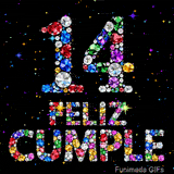 Visual que exhibe el número 14 y el texto FELIZ CUMPLE hechos de piedras preciosas multicolores que resaltan sobre un fondo negro estrellado.
