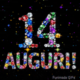 Il numero 14 e la scritta Auguri creati con gioielli brillanti di diverse tonalità su un fondo nero animato da piccole scintille di luce.