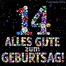 Auf dunklem Grund erstrahlen die Zahl 14 und Alles Gute zum Geburtstag, geformt aus bunten Juwelen inmitten von glitzernden Sternchen.
