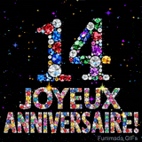 Le chiffre 14 et le lettrage Joyeux Anniversaire réalisés en joyaux éclatants de diverses couleurs sur une toile noire avec des étincelles.