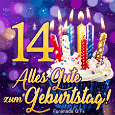 Die Zahl 14 in Gold neben einem verzierten Törtchen mit bunten Kerzen. Im unteren Bildbereich steht 'Alles Gute zum Geburtstag!' auf Lila.