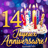Image animée pour 14 ans avec bougies colorées allumées, un petit gâteau et le nombre 14 d'or sur fond violet.