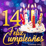 Imagen animada para 14 años con velas encendidas, un dulce pastelito y el número 14 de oro sobre escenario violeta.