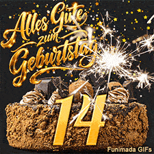 Auf einem mit Schokoladenstücken verzierten Kuchen steht die goldene 14. Eine Wunderkerze sprüht hell und goldene Sterne regnen herab.