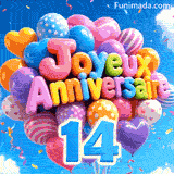 Une grappe dynamique de ballons en forme d'étoile et ronds bouge au vent. Le texte 3D Joyeux Anniversaire se trouve au-dessus du chiffre bleu 14.