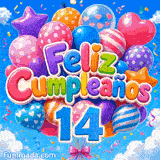 Imagen animada para 14 años con globos flotando al viento, serpentinas y el número 14 azul sobre nubes blancas.