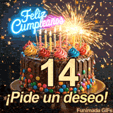 Destellos intensos iluminan un pastel que tiene el número 14. Lluvia dorada en forma de estrellas y letrero de Feliz Cumpleaños en la parte superior.