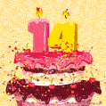 Hand Drawn 14th Birthday Cake Greeting Card (Animated Loop GIF)
