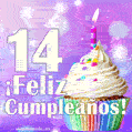 GIF para cumpleaños de 14 con pastel de cumpleaños y los mejores deseos