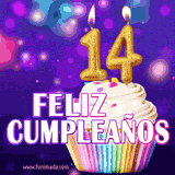 GIF animado de un cupcake decorado con confites, dos velas doradas encendidas formando el número 14, sobre un fondo púrpura brillante con destellos.