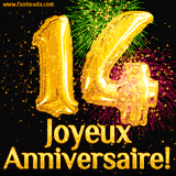 GIF animé pour un 14e anniversaire avec des ballons dorés en forme de 14, des feux d'artifice colorés et le texte 'Joyeux Anniversaire!' sur un fond noir festif.
