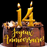 GIF animé pour un 14e anniversaire avec une élégante gâteau au chocolat, des bougies dorées formant le chiffre 14 et le texte 'Joyeux Anniversaire!' en écriture dorée.
