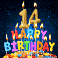 Best Happy 14th Birthday Cake with Colorful Candles GIF