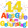 Festliches und farbenfrohes GIF-Bild zum 14. Geburtstag.