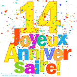 GIF animé pour un 14e anniversaire avec le chiffre 14 en couleurs vives, le texte 'Joyeux Anniversaire!' et une explosion de confettis multicolores.