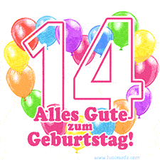 Ein verspieltes animiertes Geburtstags-GIF mit bunten Ballons in Herzform und der Zahl 14.