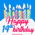 Animated Happy 14th Birthday Card with Cake and Lit Candles