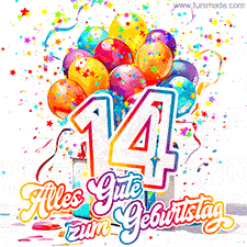 Ein lebendiges Geburtstags-GIF mit bunten Ballons, animiertem Konfetti, der Zahl 14 und den Worten 'Alles Gute zum Geburtstag' in dekorativer Schriftart.