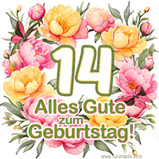 Ein elegantes GIF mit einem Blumenkranz in zarten Tönen, der großen Zahl 14 und den Worten 'Alles Gute zum Geburtstag'.