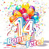 GIF pour un 14e anniversaire avec un grand chiffre 14, des ballons multicolores, des confettis et des rubans, accompagné du texte 'Bonne Fête!' sur un fond festif.