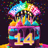GIF animé pour un 14e anniversaire avec un gâteau au chocolat recouvert de glaçage arc-en-ciel, des bougies allumées, et le texte 'Bonne Fête' sur un fond étoilé et festif.